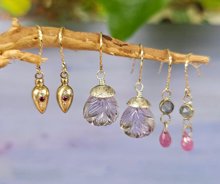 9ct gold tiny bezel set earrings 9ct gold bezel set tanzanite and ruby briolette earrings, isobel-kelly-jewellery.co.uk