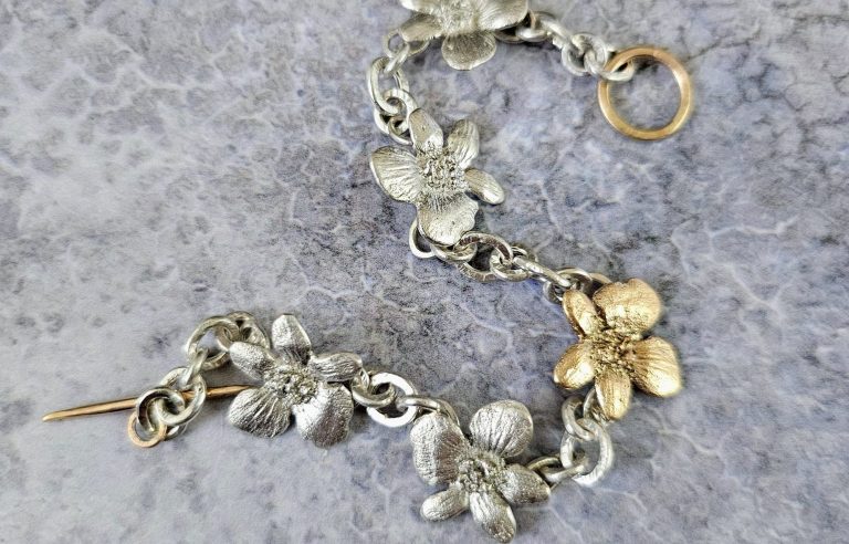 9ct gold and silver flower bracelet, hand carved, isobel-kelly-jewellery.co.uk/