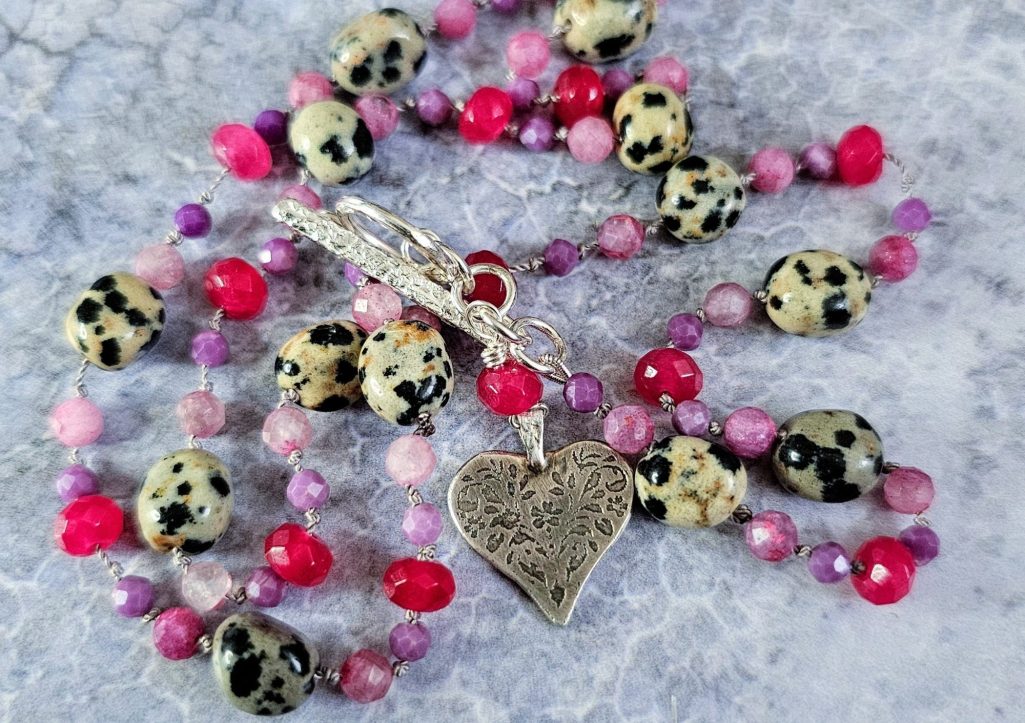 Silver folk heart, pink gemstone necklace Silver folk heart pendant necklace, gemstone beads, isobel-kelly-jewellery.co.uk/